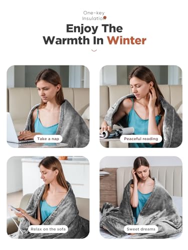 Mlivrom Heated Throw Blanket with 1-9 hrs Timer Auto-Off & 8 Heating Levels,Flannel Electric Blanket Throw ETL Certification,Machine Washable Full Body Warming Blankets (Grey, 50''×60'')