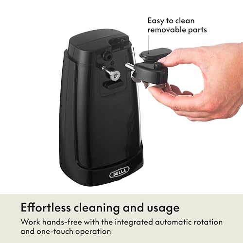 BELLA Electric Can Opener and Knife Sharpener, Multifunctional Jar and Bottle Opener with Removable Cutting Lever and Cord Storage, Stainless Steel Blade, Black