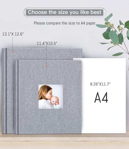 Popotop Photo Album Self Adhesive with Picture Display Window,40 Pages DIY Baby Memory Book for 4x6 8x10 Picture,Linen Cover Scrapbook for Wedding,with Scraper and Metallic Pen