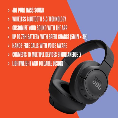 JBL TUNE 720BT - Wireless over-ear headphones Pure Bass sound, Bluetooth 5.3, Up to 76H battery life and speed charge, Lightweight, comfortable and foldable design (Black)