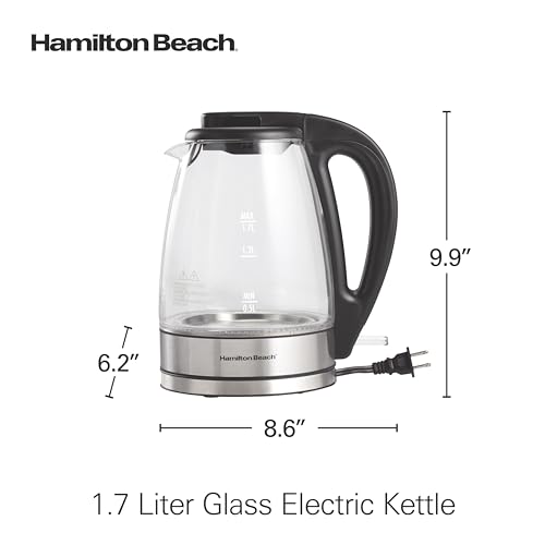 Hamilton Beach 1.7L Electric Tea Kettle, Water Boiler & Heater, LED Indicator, Built-In Mesh Filter, Auto-Shutoff & Boil-Dry Protection, Cordless Serving, Clear Glass (40864)