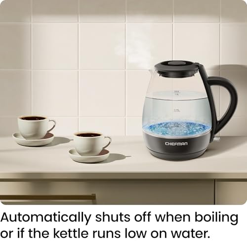 Chefman 1L Electric Tea Kettle with LED Lights, Automatic Shut Off, Removable Lid, Boil-Dry Protection, Hot Water Electric Kettle Water Boiler, Electric Kettles for Boiling Water