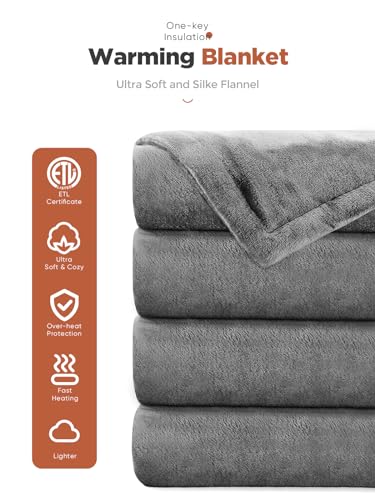 Mlivrom Heated Throw Blanket with 1-9 hrs Timer Auto-Off & 8 Heating Levels,Flannel Electric Blanket Throw ETL Certification,Machine Washable Full Body Warming Blankets (Grey, 50''×60'')