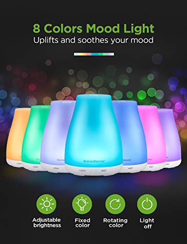 InnoGear Essential Oil Diffuser, Premium 5-in-1 Diffusers for Home Scent Aromatherapy Diffuser Air Desk Humidifier for Bedroom Large Room Office 7 Color LED 2 Mist Mode Waterless Auto Off, Basic White