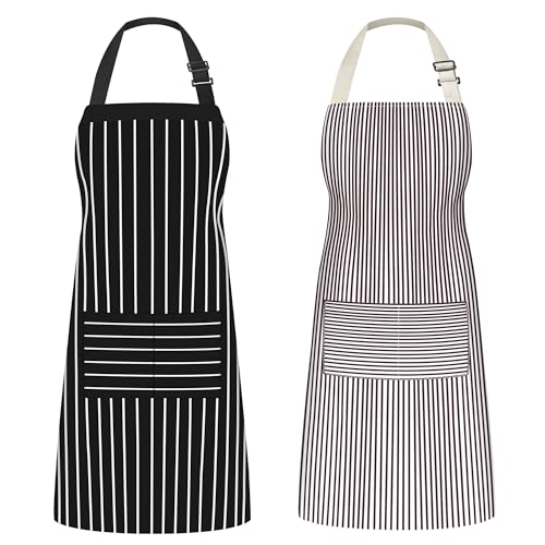 Syntus Kitchen Cooking Apron, 2 Pack Adjustable Bib Chef Aprons for Women Men with 2 Pockets, L-Black/Brown Stripes