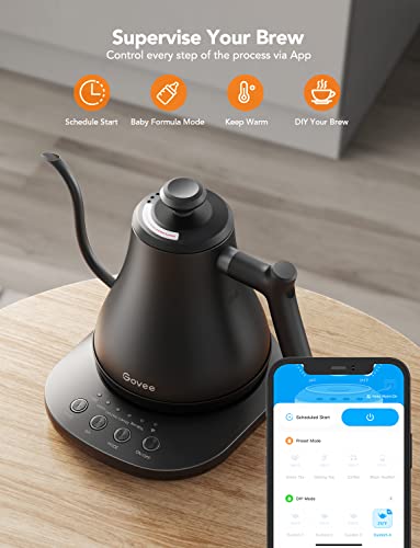 Govee Smart Electric Kettle, WiFi Variable Temperature Gooseneck Pour Over Kettle and Tea Kettle, Alexa Control, 1200W Quick Heating, 100% Stainless Steel, 0.8L, Matte Black