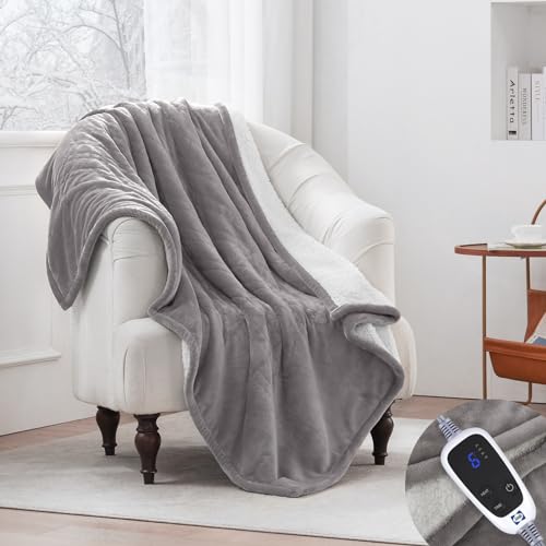 SEALY Electric Throw Blanket, Flannel & Sherpa Heated Throw with 6 Heating Levels & 2-10 Hours Auto Shut Off, Fast Heating & Machine Washable, 50x60 Inch, Light Grey