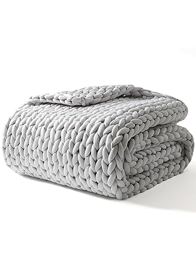 YnM Knitted Weighted Blanket, Hand Made Chunky Knit Weighted Throw Blanket for Sleep, Stress or Home Décor (Silver Grey, 60"x80" 15lbs), Suit for One Person(~140lb) Use on Queen/King Bed