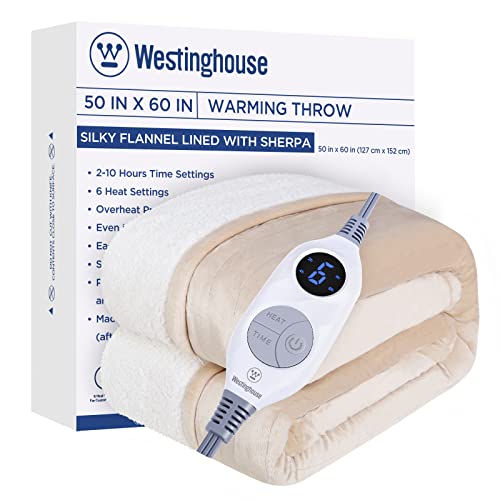 Westinghouse Heated Throw Blanket, Electric Blanket Throw with 6 Heating Levels and 2-10 Hours Time Settings, Flannel to Sherpa Super Cozy Heated Blanket Machine Washable, 50x60 inch, Beige