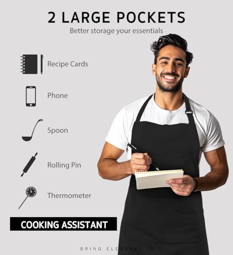 Syntus 2 Pack Adjustable Bib Apron Waterdrop Resistant with 2 Pockets Cooking Kitchen Aprons for Women Men Chef, Black