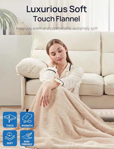 Westinghouse Electric Throw Blanket with Foot Pocket for Adults, Soft Flannel to Sherpa Heated Throw with 6 Heating Levels & 2-10 Hours Time Settings, Fast Heating & Machine Washable, 50x62, Beige