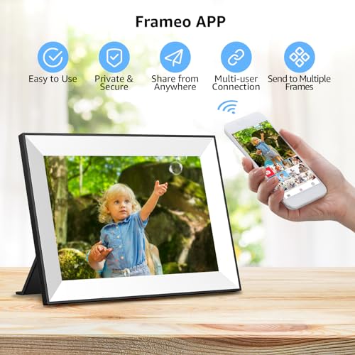 Frameo Digital Picture Frame,WiFi Slideshow Digital Photo Frame with 10.1 Inch IPS Touch Screen,Load from Phone to 32GB Digital frame,Smart Rotating Pictures via White Electronic Picture Frame,Gift