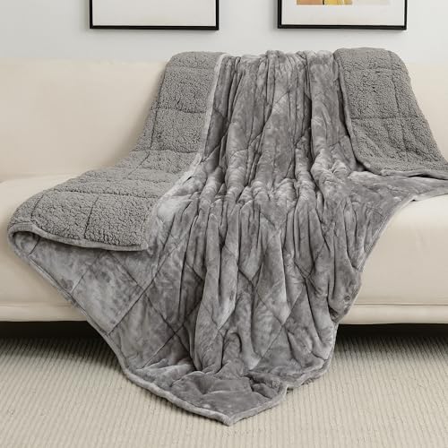 Wemore Sherpa Fleece Weighted Blanket for Adult, 15 lbs Dual Sided Cozy Fluffy Heavy Blanket, Ultra Fuzzy Throw Blanket with Soft Plush Flannel Top, 48 x 72 inches, Grey on Both Sides