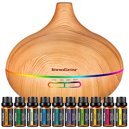 InnoGear Aromatherapy Diffuser & 10 Essential Oils Set, 400ml Diffuser Ultrasonic Diffuser Cool Mist Humidifier with 4 Timers 7 Colors Light Waterless Auto Off for Large Room Office, Yellow Wood Grain