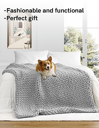 YnM Knitted Weighted Blanket, Hand Made Chunky Knit Weighted Throw Blanket for Sleep, Stress or Home Décor (Silver Grey, 60"x80" 15lbs), Suit for One Person(~140lb) Use on Queen/King Bed