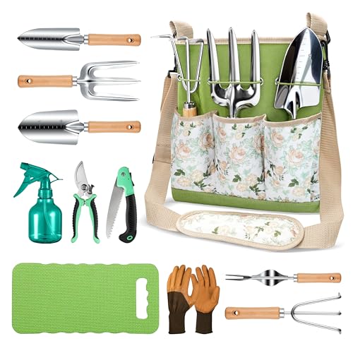 Grenebo All-in-One Garden Tool Set, 11-Piece Heavy Duty Gardening Tools with Ergonomic Canvas Shoulder Crossbody Bag, Rust-Proof Premium Garden Tool Kit, Gardening Gift for Women Men