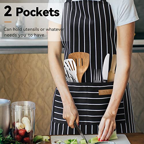 NLUS 2 Pack Kitchen Cooking Aprons, Adjustable Bib Soft Chef Apron with 2 Pockets for Men Women(Black/Brown Stripes)