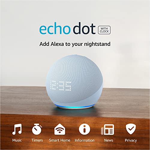 Amazon Echo Dot (5th Gen) with clock | Compact smart speaker with Alexa and enhanced LED display for at-a-glance clock, timers, weather, and more | Cloud Blue