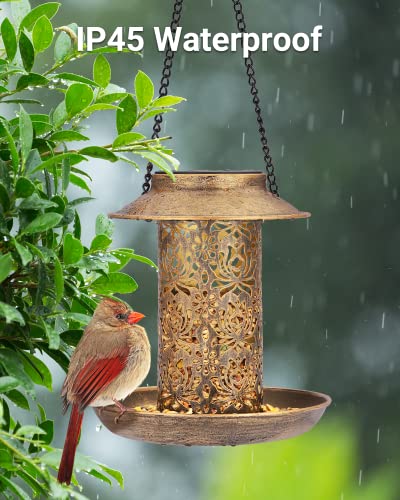 SWEETFULL Solar Bird Feeder for Outdoors Hanging, Metal Wild Bird Feeder for Cardinals Solar Garden Lantern with S Hook as Gift for Bird Lovers (2LBs Heavy Duty birdfeeders)