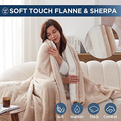 Westinghouse Heated Throw Blanket, Electric Blanket Throw with 6 Heating Levels and 2-10 Hours Time Settings, Flannel to Sherpa Super Cozy Heated Blanket Machine Washable, 50x60 inch, Beige