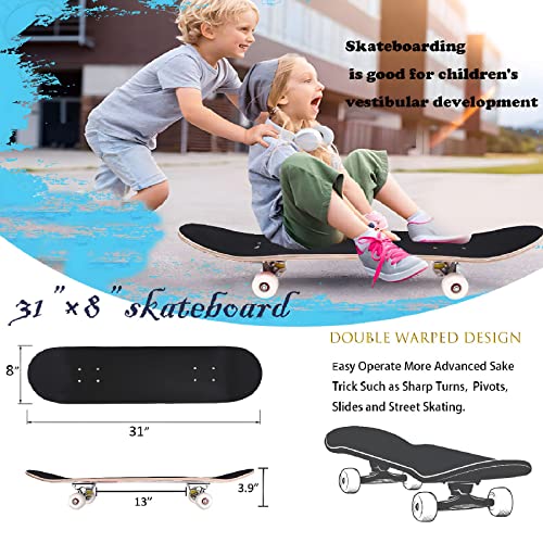 Pro Complete Skateboards for Beginners Girls Boys Kids Youths Teens Adults 31"x8" Skate Boards 7 Layers Canadian Maple Double Kick Deck Concave Longboard (Skull)