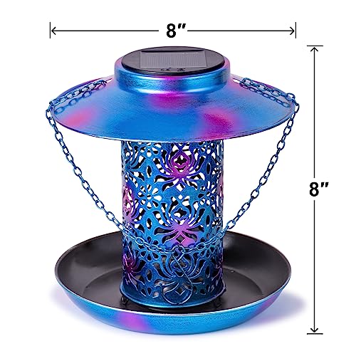 Ottsuls Solar Bird Feeder for Outdoors Hanging, Metal Wild Cardinals Garden Lantern with S Hook, Weatherproof and Water Resistant Birdfeeders as Gift Idea for Bird Lovers (Blue)