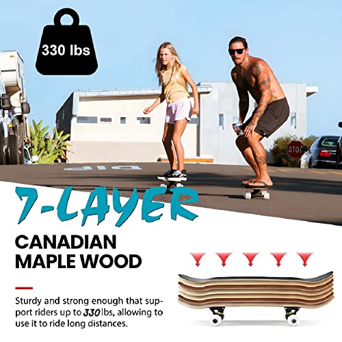 Pro Complete Skateboards for Beginners Girls Boys Kids Youths Teens Adults 31"x8" Skate Boards 7 Layers Canadian Maple Double Kick Deck Concave Longboard (Skull)