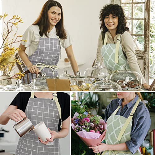 Riqiaqia 2 Pieces Aprons for Women with Pockets, Cotton Linen Waterproof Kitchen Cooking Aprons, Chef Apronfor Men Women with Adjustable Neck Strap and Long Ties(Grey/Green)