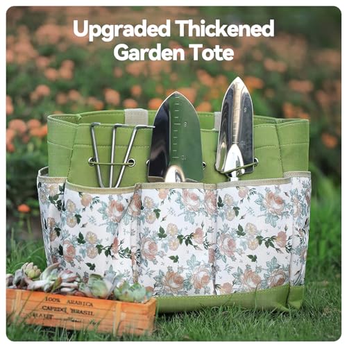 Grenebo Gardening Tools 9-Piece Heavy Duty Gardening Hand Tools with Fashion and Durable Garden Tools Organizer Handbag,Rust-Proof Garden Tool Set, Ideal Gardening Gifts for Women