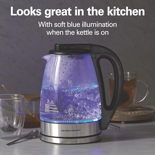 Hamilton Beach 1.7L Electric Tea Kettle, Water Boiler & Heater, LED Indicator, Built-In Mesh Filter, Auto-Shutoff & Boil-Dry Protection, Cordless Serving, Clear Glass (40864)