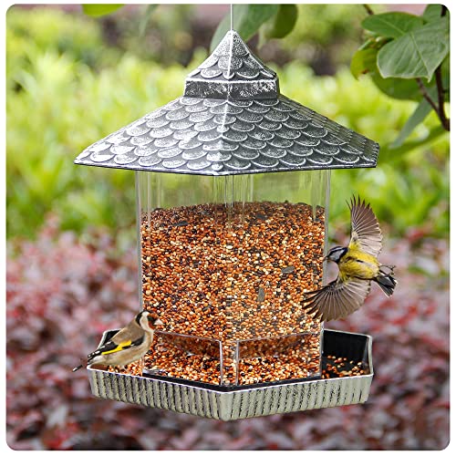 Twinkle Star Wild Bird Feeder Hanging for Garden Yard Outside Decoration, Hexagon Shaped Outside Hanging Bird Feeders for Outdoors Squirrel Proof, Cardinal Bird Feeder (Silver)