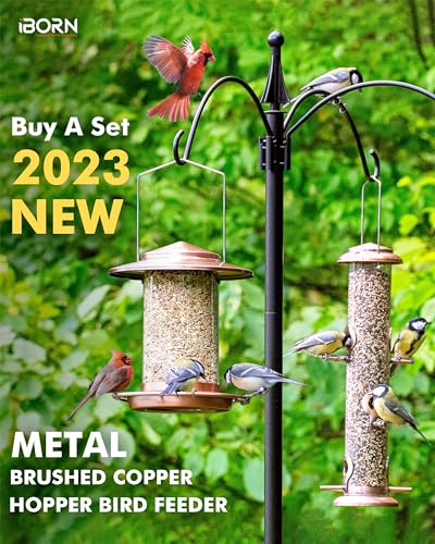 iBorn Metal Bird Feeder for Outside Hanging,Wild Bird Feeders for Cardinal,18cm Large Roof&Tray Brushed Copper 6 Port (Seed is not Included)