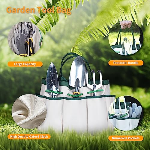 Garden Tools, 9 Piece Heavy Duty Gardening Tools Set with Non-Slip Rubber Grip, Stainless Steel Garden Tool, Gifts for Kids, Women, Husbands, and Parents