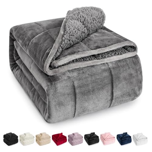 Wemore Sherpa Fleece Weighted Blanket for Adult, 15 lbs Dual Sided Cozy Fluffy Heavy Blanket, Ultra Fuzzy Throw Blanket with Soft Plush Flannel Top, 48 x 72 inches, Grey on Both Sides