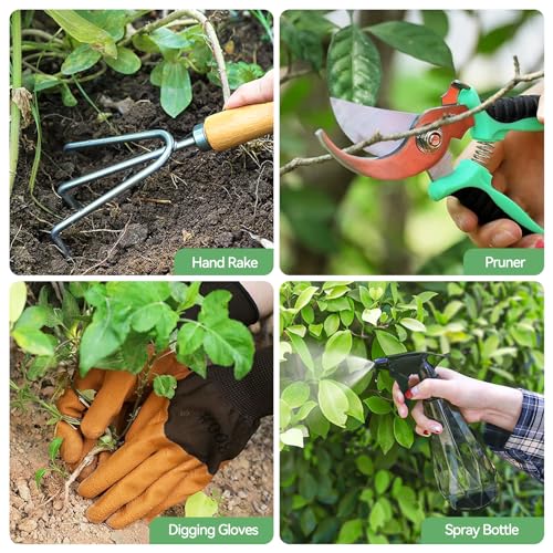 Grenebo Gardening Tools 9-Piece Heavy Duty Gardening Hand Tools with Fashion and Durable Garden Tools Organizer Handbag,Rust-Proof Garden Tool Set, Ideal Gardening Gifts for Women