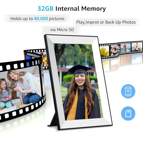 Frameo Digital Picture Frame,WiFi Slideshow Digital Photo Frame with 10.1 Inch IPS Touch Screen,Load from Phone to 32GB Digital frame,Smart Rotating Pictures via White Electronic Picture Frame,Gift