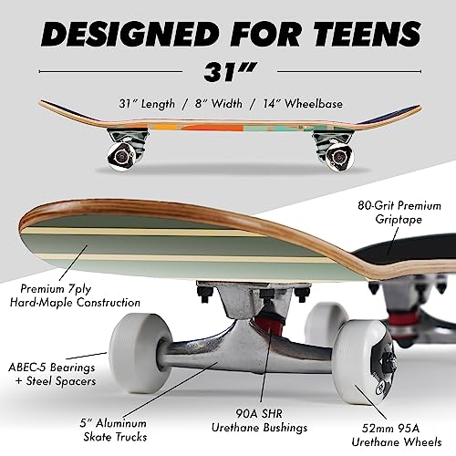 Magneto Complete Skateboard | Maple Wood | ABEC 5 Bearings | Double Kick Concave Deck | Kids Skateboard Cruiser Skateboard | Skateboards for Beginners, Teens & Adults (Free Stickers Included)