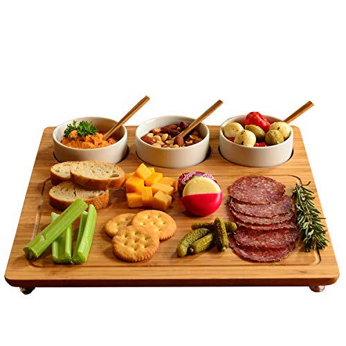 Picnic at Ascot Original Personalized Monogrammed Engraved Bamboo Cutting Board for Cheese & Charcuterie with 3 Ceramic Bowls & Bamboo Spoons- Designed & Quality Checked in The USA