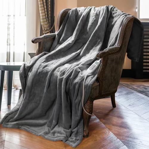 Mlivrom Heated Throw Blanket with 1-9 hrs Timer Auto-Off & 8 Heating Levels,Flannel Electric Blanket Throw ETL Certification,Machine Washable Full Body Warming Blankets (Grey, 50''×60'')