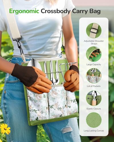 Grenebo All-in-One Garden Tool Set, 11-Piece Heavy Duty Gardening Tools with Ergonomic Canvas Shoulder Crossbody Bag, Rust-Proof Premium Garden Tool Kit, Gardening Gift for Women Men