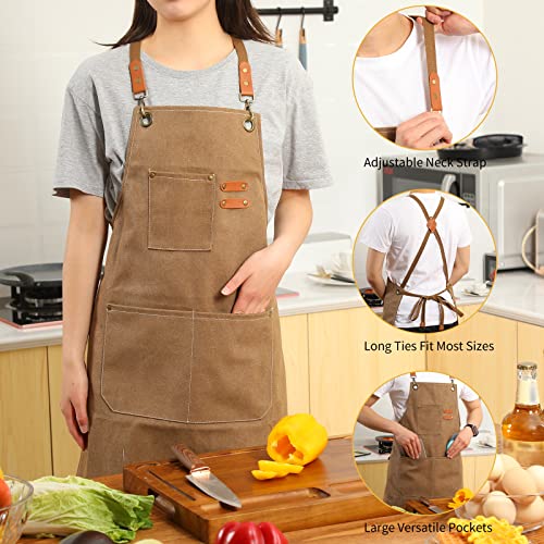 Tosewever Canvas Cross Back Chef Apron for Men Women with Adjustable Straps Large Pockets, Waterdrop Kitchen Heavy Duty Cotton Aprons for Tool Cooking BBQ Artist, M to XXL (Cappuccino Brown)