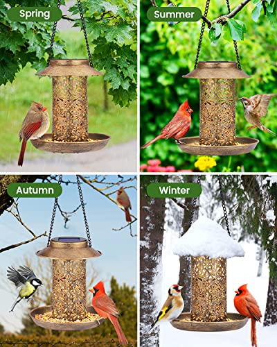 SWEETFULL Solar Bird Feeder for Outdoors Hanging, Metal Wild Bird Feeder for Cardinals Solar Garden Lantern with S Hook as Gift for Bird Lovers (2LBs Heavy Duty birdfeeders)