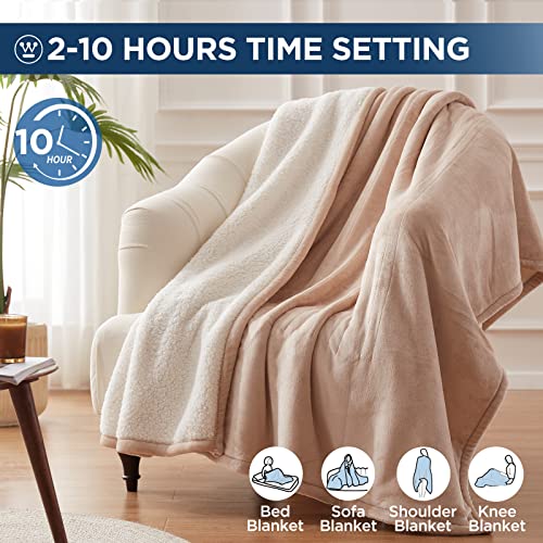 Westinghouse Heated Throw Blanket, Electric Blanket Throw with 6 Heating Levels and 2-10 Hours Time Settings, Flannel to Sherpa Super Cozy Heated Blanket Machine Washable, 50x60 inch, Beige