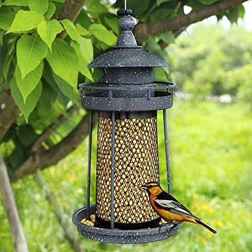 Twinkle Star Wild Bird Feeder Hanging for Garden Yard Outside Decoration, Panorama Gazebo Birdfeeder, Lighthouse Shaped, Grey