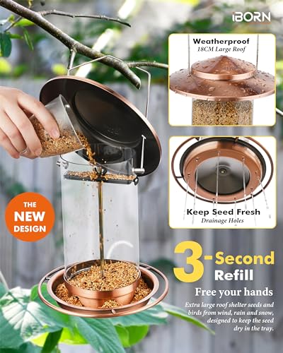 iBorn Metal Bird Feeder for Outside Hanging,Wild Bird Feeders for Cardinal,18cm Large Roof&Tray Brushed Copper 6 Port (Seed is not Included)