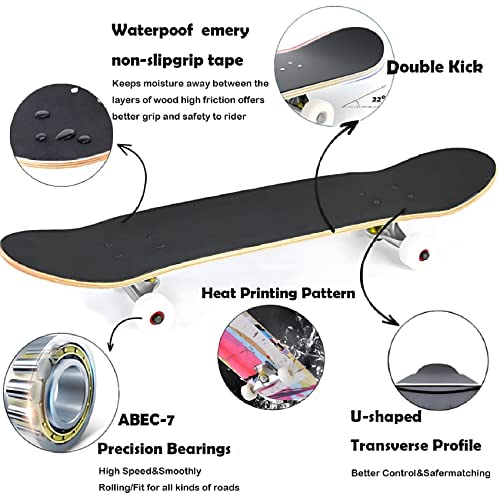 Pro Complete Skateboards for Beginners Girls Boys Kids Youths Teens Adults 31"x8" Skate Boards 7 Layers Canadian Maple Double Kick Deck Concave Longboard (Skull)