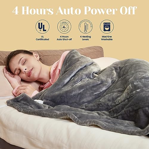 JAQUETEA Heated Blanket Electric Throw - 50''x60'' Heating Blanket Throw 4 Hours Auto-Off & 4 Heating Levels Over-Heat Protection, Machine Washable Flannel Sherpa,Electric Certification