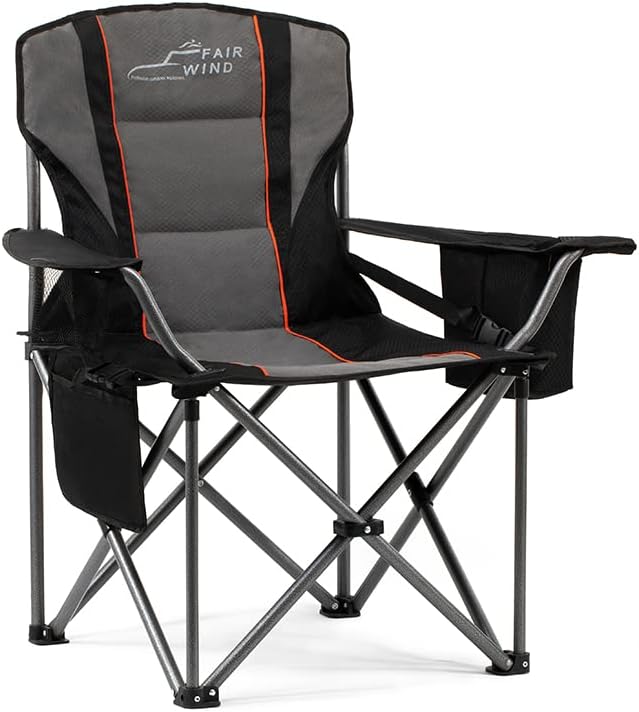 Oversized Fully Padded Camping Chair with Lumbar Support, Heavy Duty Quad Fold Chair with Cooler Bag, Support 450 LBS, Black