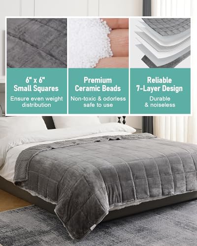 Wemore Sherpa Fleece Weighted Blanket for Adult, 15 lbs Dual Sided Cozy Fluffy Heavy Blanket, Ultra Fuzzy Throw Blanket with Soft Plush Flannel Top, 48 x 72 inches, Grey on Both Sides