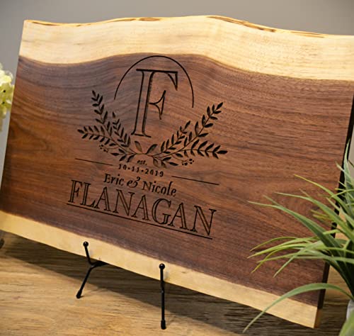 Personalized Cutting Board Wedding Gift – Walnut Live Edge Wood (6 Designs) Customized Monogramed Bride Groom Unique Engraved Rustic Display Newlywed Couple Parents Anniversary Housewarming Christmas